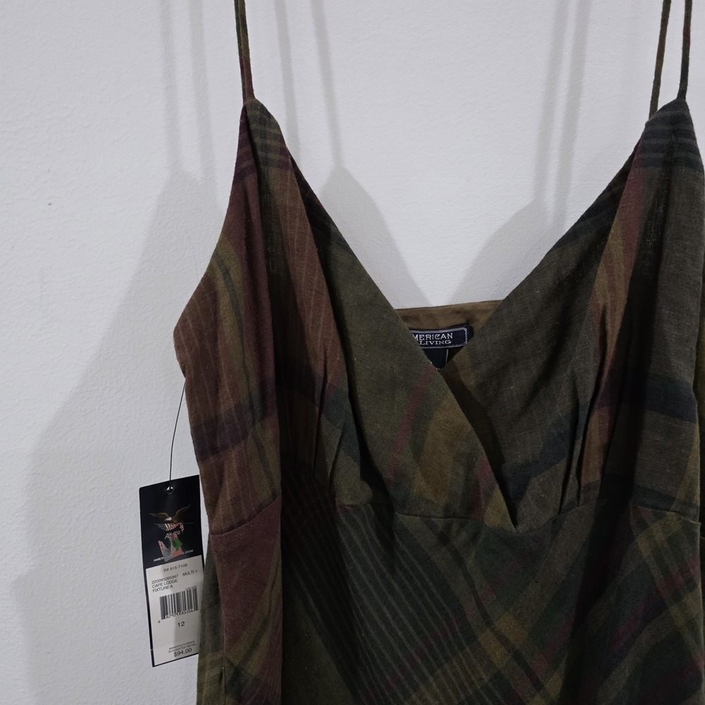 Y2K American Living Babydoll Dress Size 12 Linen Blend Plaid Dark Academia - Picture 2 of 10
